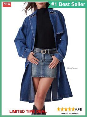 Long Denim Trench Coat Button Down Oversized Jean Jacket with Belt